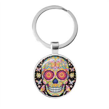 Vintage Skeleton Sugar Skull Μπρελόκ Μεξικό Μοτίβα λαϊκής τέχνης Γυάλινο μενταγιόν Μπρελόκ Day of the Dead Δώρο διακοπών