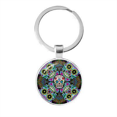 Breloc cu craniu de zahăr cu schelet de epocă, modele de artă populară din Mexic, pandantiv din sticlă, breloc pentru ziua morților, bijuterii, cadou de vacanță