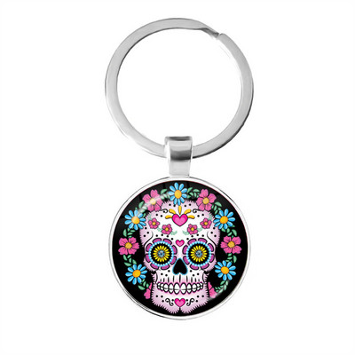 Breloc cu craniu de zahăr cu schelet de epocă, modele de artă populară din Mexic, pandantiv din sticlă, breloc pentru ziua morților, bijuterii, cadou de vacanță