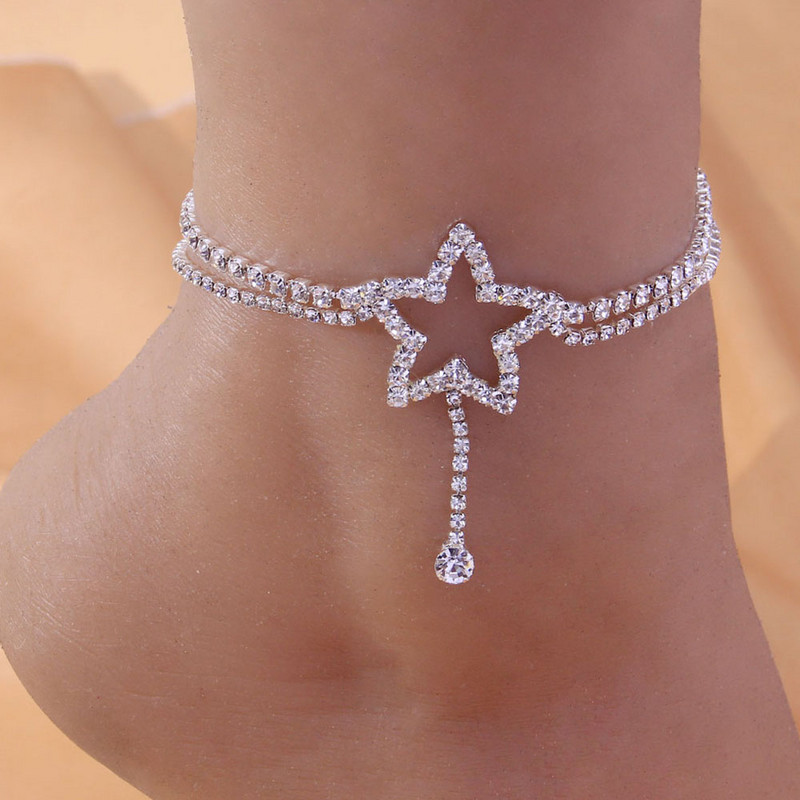 Stonefans Brățară de gleznă cu stea cu două straturi, bijuterii cu ridicata pentru femei, pandantiv cu stea goală, bijuterii de lanț de picior de plajă
