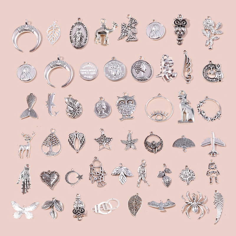 10 buc. Brelocuri din aliaj de culoare argintie antică, soare, lună, cruce, inimă, frunze, bufniță, pandantive pentru bijuterii DIY