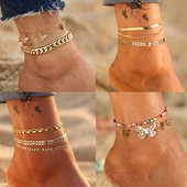 Brățări de gleznă cu lanț simplu de culoare aurie de modă pentru femei, bijuterii pentru picioare de vară, pentru plajă, cu fluture boem, accesorii