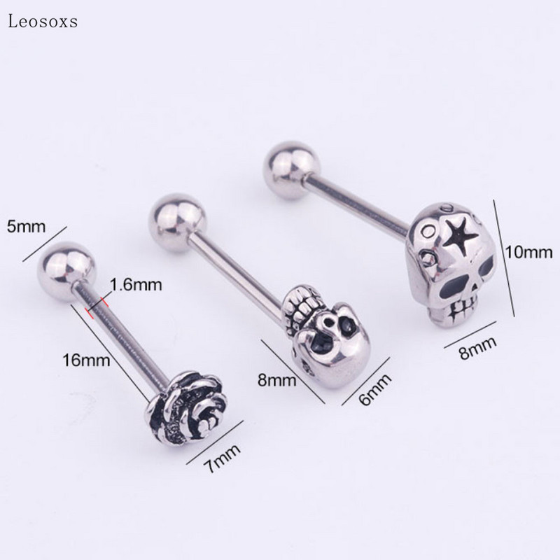 Leosoxs 2 bucăți bijuterii creative europene și americane din oțel inoxidabil pentru piercing în limba cu craniu