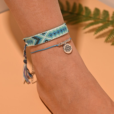 2 buc/lot set de glezne cu margele pentru femei, lucrat manual, macrame, glezna boema, bratara pentru picior, lanț pentru picioare, bijuterii de plajă pentru prietenie