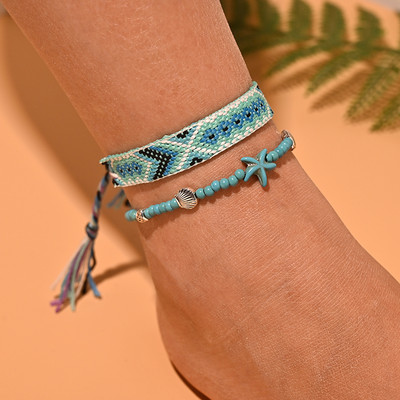 2 buc/lot set de glezne cu margele pentru femei, lucrat manual, macrame, glezna boema, bratara pentru picior, lanț pentru picioare, bijuterii de plajă pentru prietenie