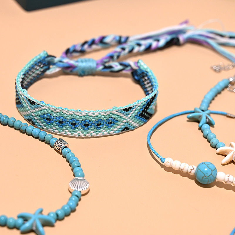 2 buc/lot set de glezne cu margele pentru femei, lucrat manual, macrame, glezna boema, bratara pentru picior, lanț pentru picioare, bijuterii de plajă pentru prietenie