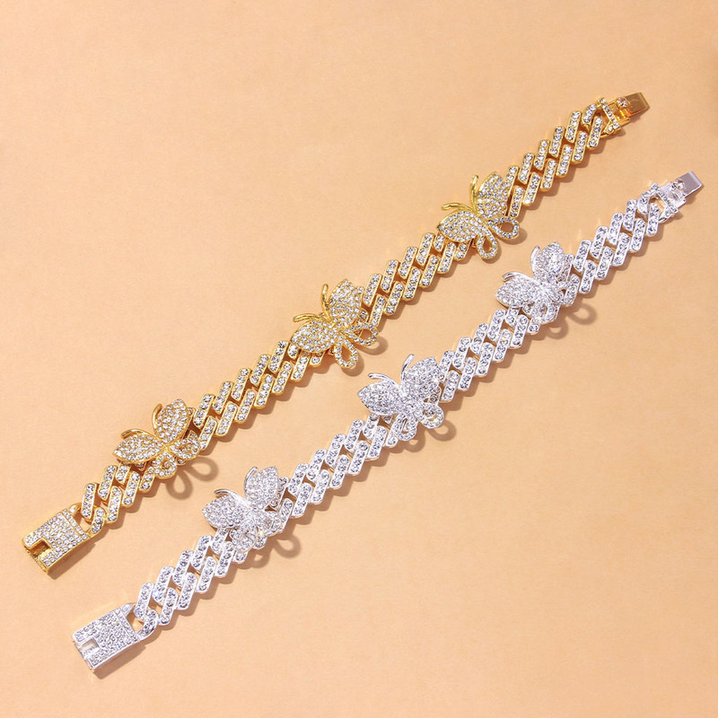 Punk Cuban Link Butterfly Anklet Brățară cu ridicata Moda Chunky Stras Miami Sandale Iced Out Bling Anklets pentru femei bărbați