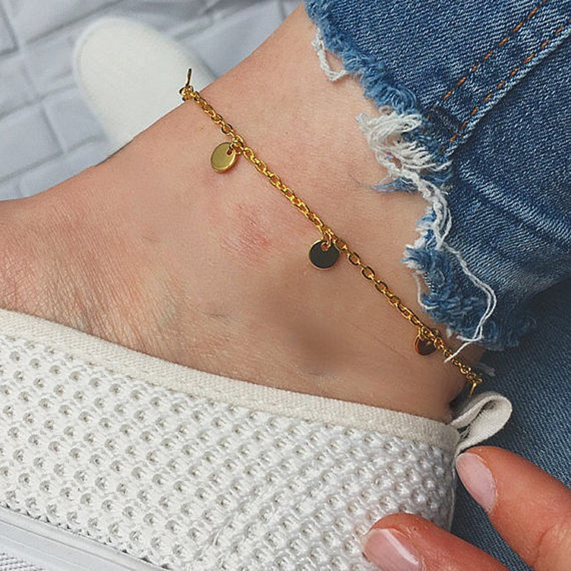 Brățară de gleznă cu pandantiv rotund mic cu paiete Brățară de gleznă cu un singur strat nouă, simplă, din oțel inoxidabil