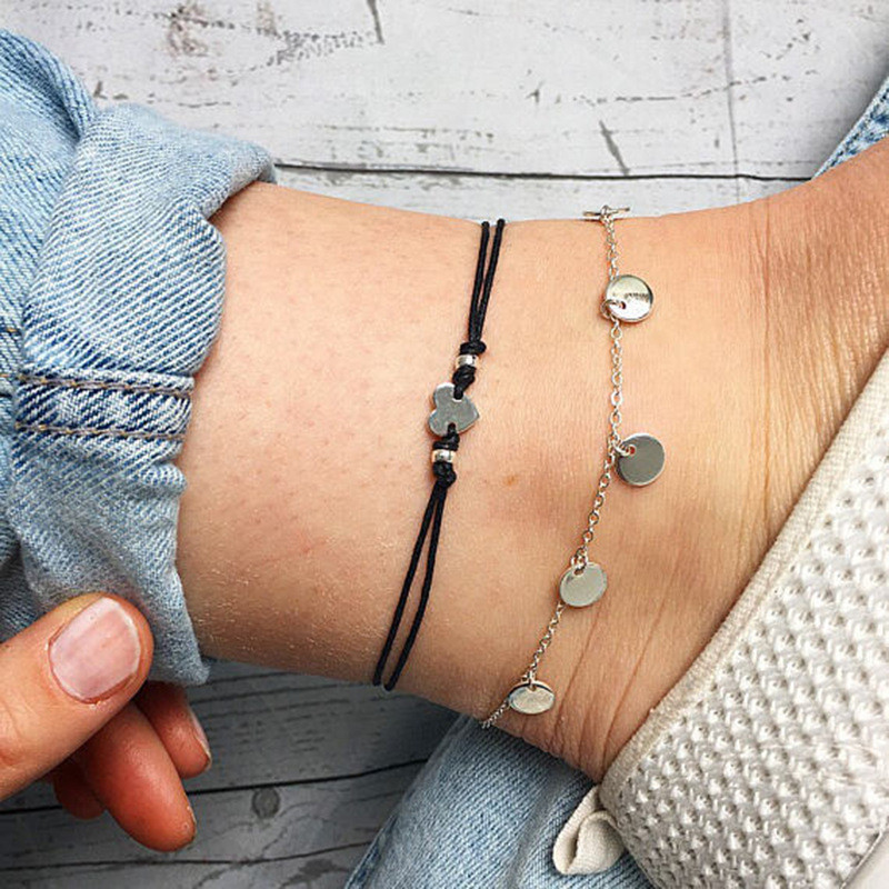 Brățară de gleznă cu pandantiv rotund mic cu paiete Brățară de gleznă cu un singur strat nouă, simplă, din oțel inoxidabil