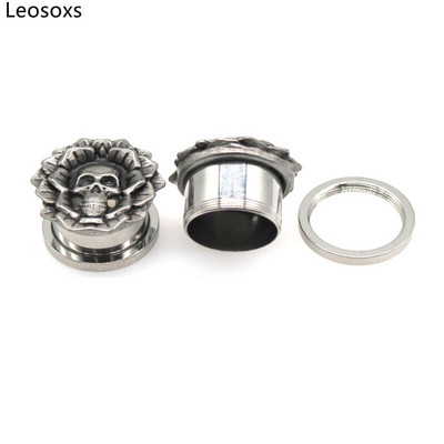 Leosoxs 2 db Rozsdamentes acél Virág Koponya Fej Füldugók Alagutak Fülbevaló Mérők Tágítók 6-25mm Piercing Ékszer 2022 Új