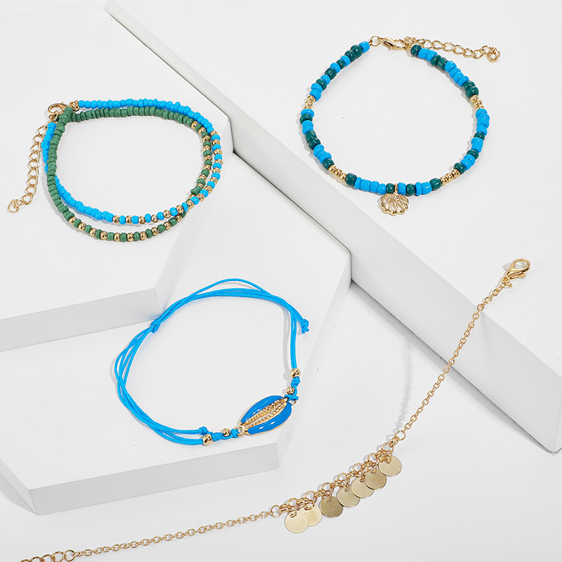Tocona 4 buc/set Trendy Stratificată Shell albastru cu margele Femei gleznă Boemia Beach Bijuterii Brățară pentru picioare Decorație pentru picioare 8792
