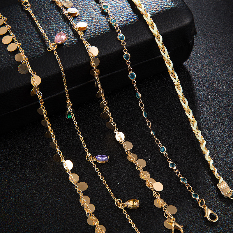 Tocona Boemia Colorate Pietre De Cristal Anklets pentru Femei Bărbați Elegance Gold Wafer Lanț Desculț Sandale Funie Bijuterii de vară 8407