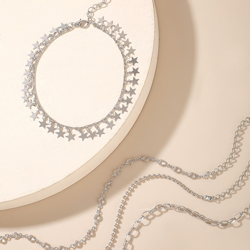 Tocona 3 buc/seturi de glezne cu ciucuri cu stea boemă pentru femei, culoare argintie, aliaj de metal, lanț gros ajustabil, bijuterii boeme 15612