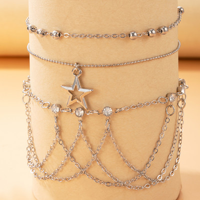 Tocona Boho Culoare Auriu Cristal Hollow Star Set de gleznă pentru femei, lanțuri cu mai multe straturi, reglabile cu margele, glezne, bijuterii pentru picioare 8143