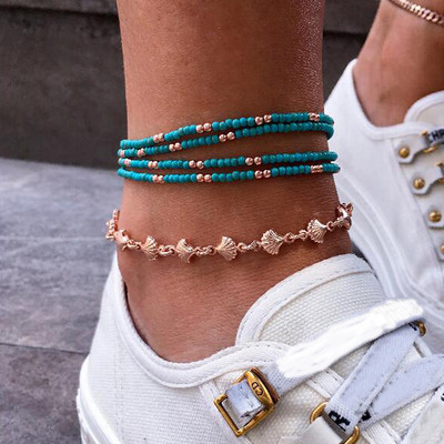 Tocona Ethnic Boho mitmekihilised jalavõrud naistele võluvad helmed pahkluu käevõru kestast lehest ripats sandaalist pahkluu ehted