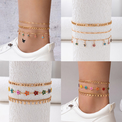 Tocona 3 buc/set Boemia picătură colorată stea cu ciucuri gleznă pentru femei, geometrie elegantă, lanț din aliaj, accesorii de bijuterii pentru petrecere