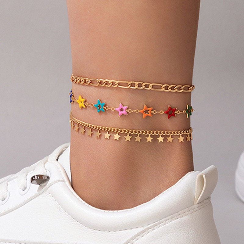 Tocona 3 buc/set Boemia picătură colorată stea cu ciucuri gleznă pentru femei, geometrie elegantă, lanț din aliaj, accesorii de bijuterii pentru petrecere