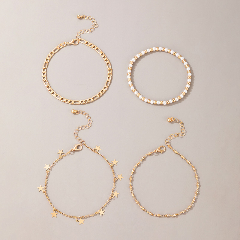 ToconaBoho glezne cu margele pentru femei Brelocuri Stare de culoare aurie Aliaj de metal Picioare Lanț Bijuterii de vară Accesorii 4buc/seturi 15679