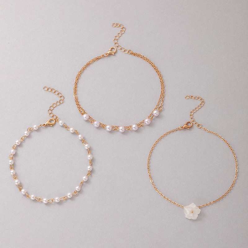 Tocona Pretty White Flowers Anklet Moteriška Elegantiška perlų akmenų karoliukai pėdų grandinėlė lydinio metalo papuošalai Dovana 3vnt/komplektas 20850