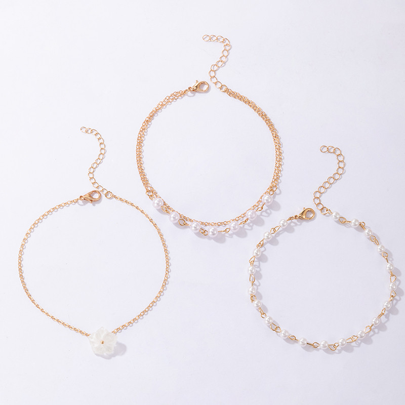 Tocona Pretty White Flowers Anklet Moteriška Elegantiška perlų akmenų karoliukai pėdų grandinėlė lydinio metalo papuošalai Dovana 3vnt/komplektas 20850