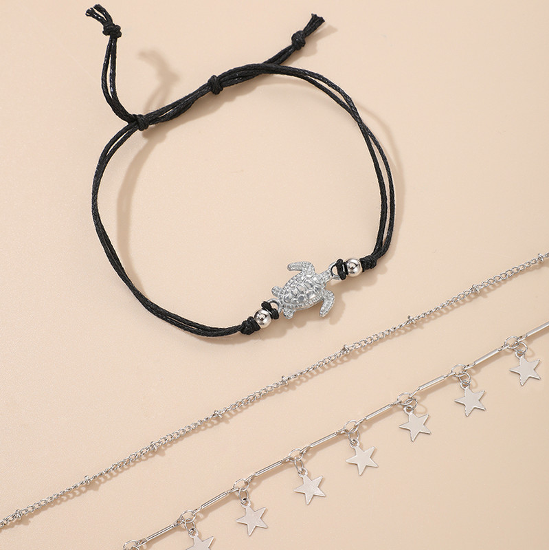 Tocona Bohemian Sea Turtle Star Kutas Kulkšnys Juoda Virvė Sidabrinė Spalva Reguliuojama pėdų grandinėlė Vasariniai papuošalai 3vnt/komplektas 13480