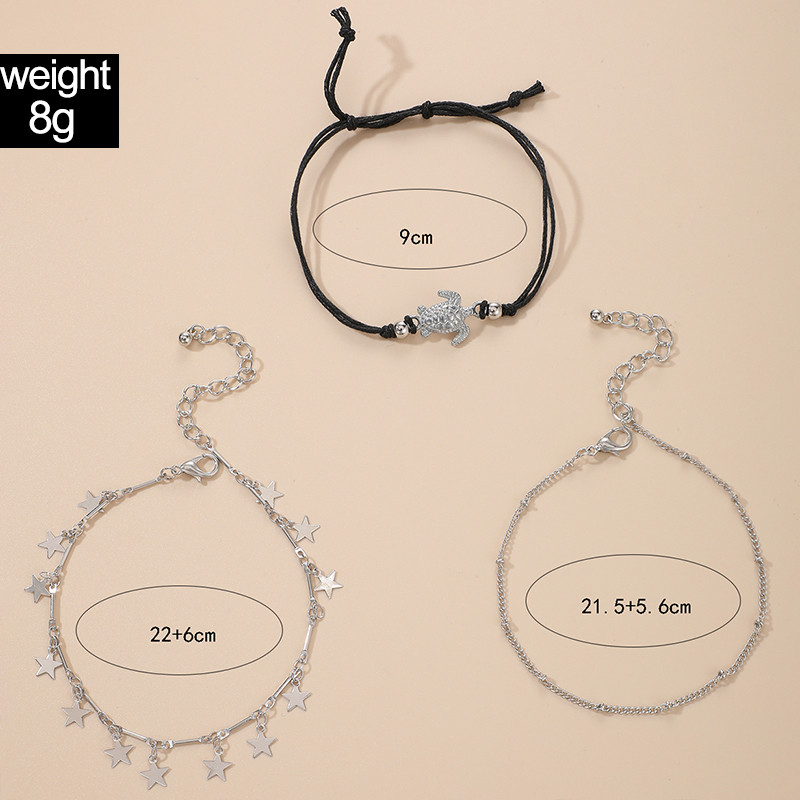 Tocona Bohemian Sea Turtle Star Kutas Kulkšnys Juoda Virvė Sidabrinė Spalva Reguliuojama pėdų grandinėlė Vasariniai papuošalai 3vnt/komplektas 13480