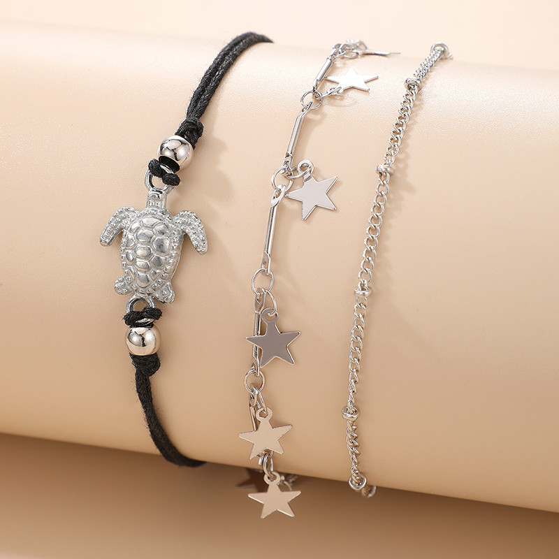 Tocona Bohemian Sea Turtle Star Kutas Kulkšnys Juoda Virvė Sidabrinė Spalva Reguliuojama pėdų grandinėlė Vasariniai papuošalai 3vnt/komplektas 13480