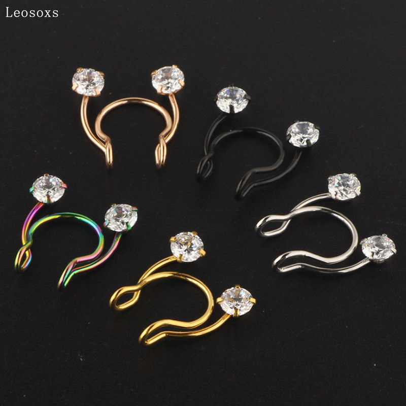 Leosoxs 2 buc Inele pentru nas fals din oțel inoxidabil Inel pentru nas fals Inel pentru septum cu zircon Inel pentru nas Piercing pentru corp Clip pentru nas