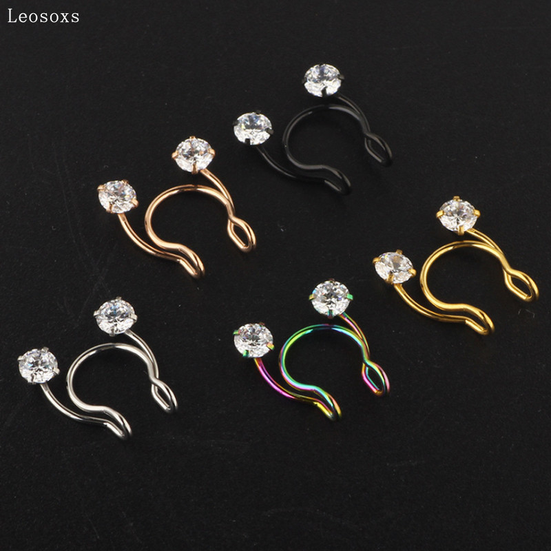 Leosoxs 2 buc Inele pentru nas fals din oțel inoxidabil Inel pentru nas fals Inel pentru septum cu zircon Inel pentru nas Piercing pentru corp Clip pentru nas