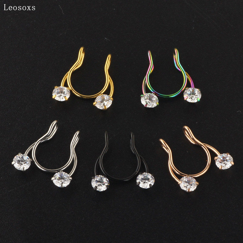 Leosoxs 2 buc Inele pentru nas fals din oțel inoxidabil Inel pentru nas fals Inel pentru septum cu zircon Inel pentru nas Piercing pentru corp Clip pentru nas