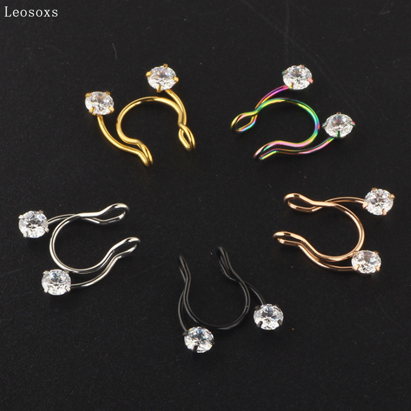 Leosoxs 2 buc Inele pentru nas fals din oțel inoxidabil Inel pentru nas fals Inel pentru septum cu zircon Inel pentru nas Piercing pentru corp Clip pentru nas