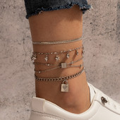 Tocona 4vnt./komplektas Charms Lock Heart Kutas Kulkšnys moterims Vintažinės Sidabrinės Spalvos Sluoksniuotos grandinėlės Moteriški papuošalai Priedai 16749