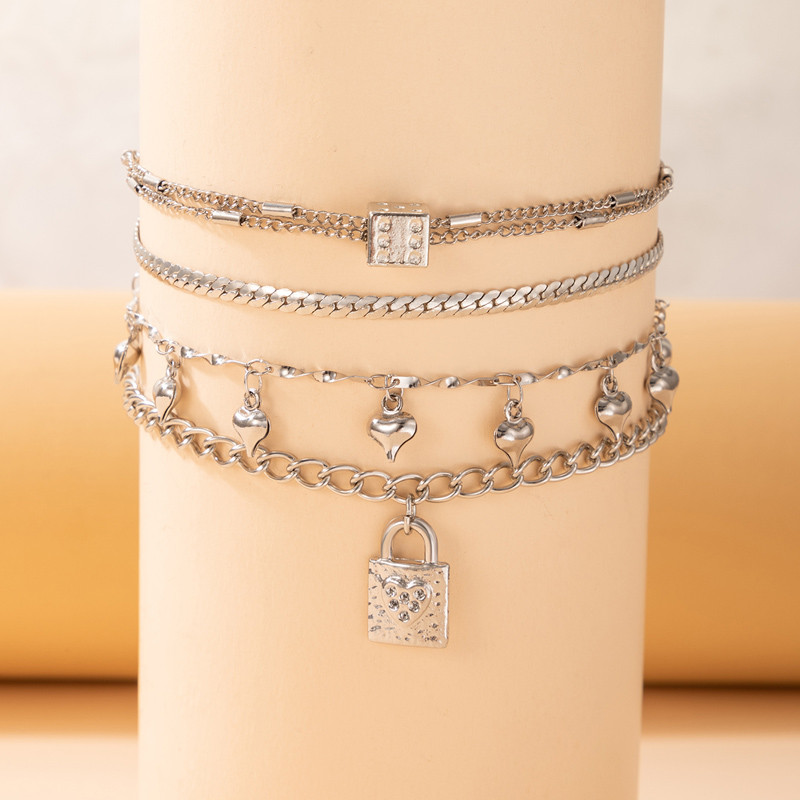 Tocona 4 buc/set Charms Blocare inimă ciucuri gleznele pentru femei Vintage culoare argintie Lanțuri în straturi Accesorii de bijuterii pentru femei 16749