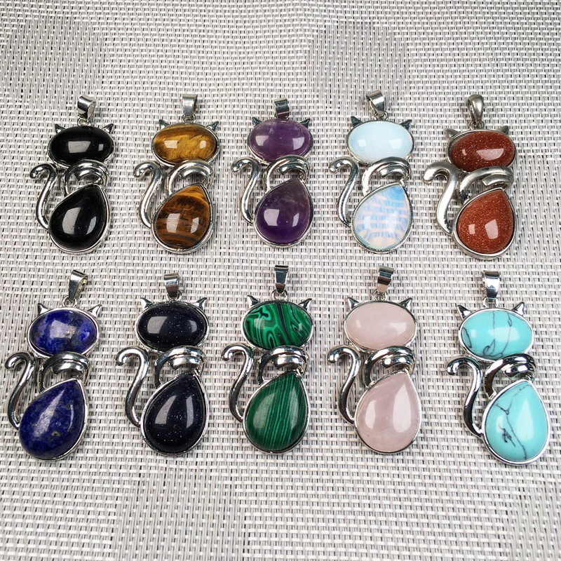 Pietre naturale în formă de pisică pandantiv cu margele plate pandantive drăguțe placate cu pisoi pentru fabricarea de bijuterii DIY Reiki coliere accesorii