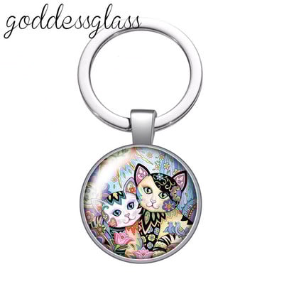 Pictură colorată Pisici Iubesc pisica animal de companie minunat rotund breloc cabochon din sticlă Geantă Breloc mașină Suport inel Brelocuri brelocuri Cadouri