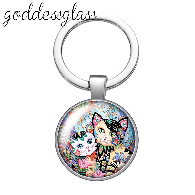 Pictură colorată Pisici Iubesc pisica animal de companie minunat rotund breloc cabochon din sticlă Geantă Breloc mașină Suport inel Brelocuri brelocuri Cadouri