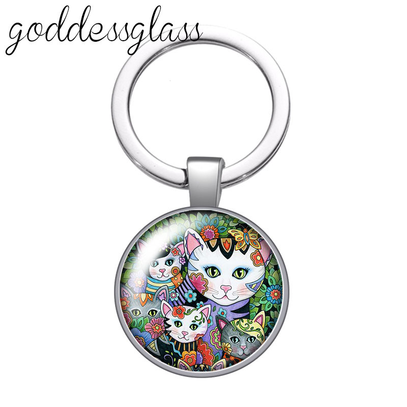 Pictură colorată Pisici Iubesc pisica animal de companie minunat rotund breloc cabochon din sticlă Geantă Breloc mașină Suport inel Brelocuri brelocuri Cadouri