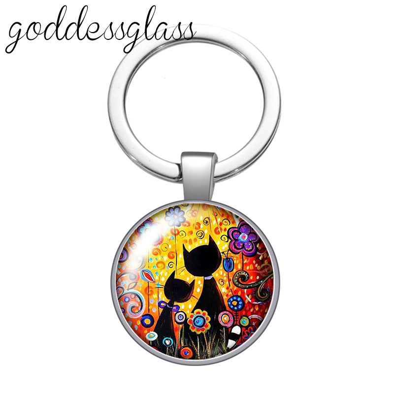 Pictură colorată Pisici Iubesc pisica animal de companie minunat rotund breloc cabochon din sticlă Geantă Breloc mașină Suport inel Brelocuri brelocuri Cadouri