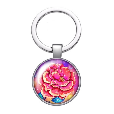 New Beauty Flowers Rózsa Hortenzia Lótuszvirág 25mm üveg cabochon kulcstartó Táska Autós kulcstartó Gyűrűtartó Charms kulcstartó