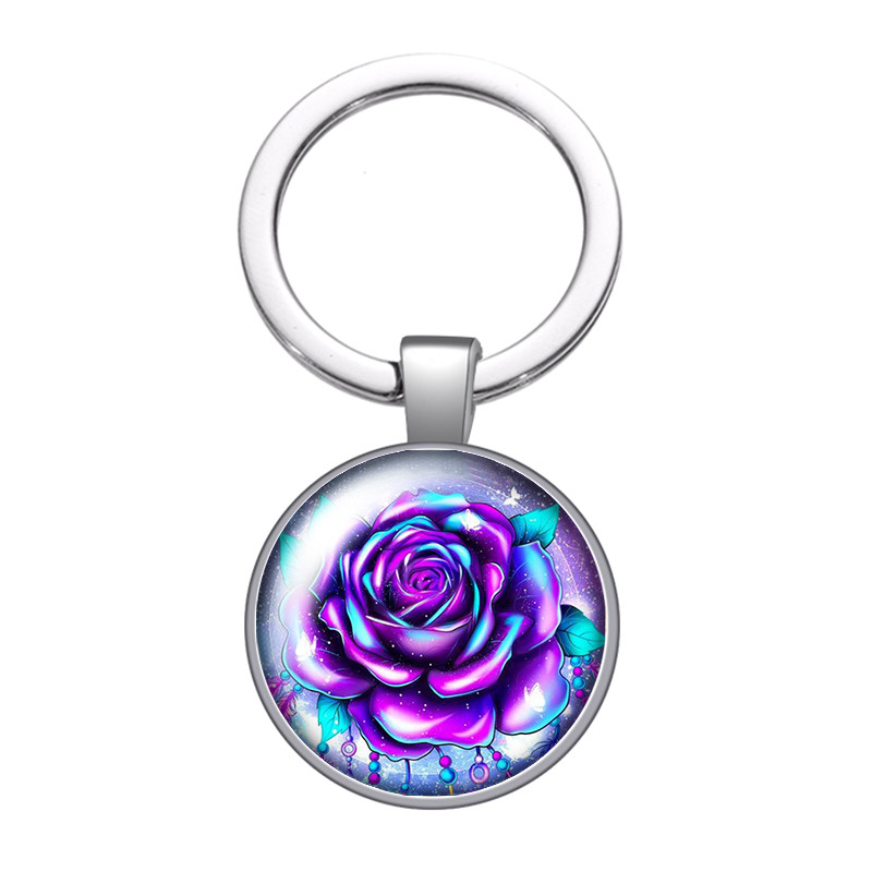 New Beauty Flowers Rózsa Hortenzia Lótuszvirág 25mm üveg cabochon kulcstartó Táska Autós kulcstartó Gyűrűtartó Charms kulcstartó