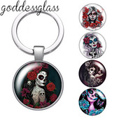 Halottak napja Supar Skull Girl Rose Photo 25 mm-es üveg cabochon kulcstartó Táska Autós kulcstartó Gyűrűtartó Charms kulcstartó