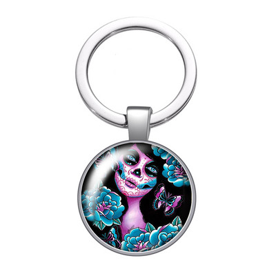 Halottak napja Supar Skull Girl Rose Photo 25 mm-es üveg cabochon kulcstartó Táska Autós kulcstartó Gyűrűtartó Charms kulcstartó