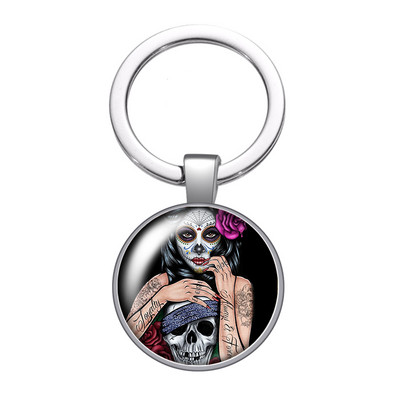 Halottak napja Supar Skull Girl Rose Photo 25 mm-es üveg cabochon kulcstartó Táska Autós kulcstartó Gyűrűtartó Charms kulcstartó