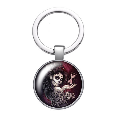 Halottak napja Supar Skull Girl Rose Photo 25 mm-es üveg cabochon kulcstartó Táska Autós kulcstartó Gyűrűtartó Charms kulcstartó
