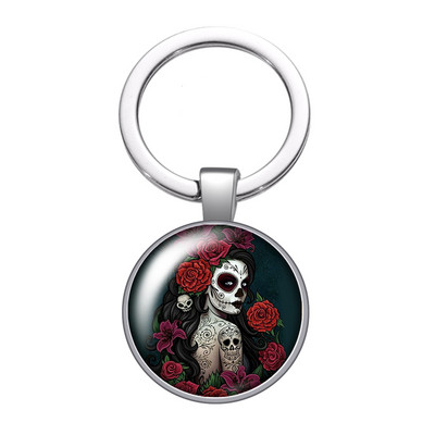 Halottak napja Supar Skull Girl Rose Photo 25 mm-es üveg cabochon kulcstartó Táska Autós kulcstartó Gyűrűtartó Charms kulcstartó