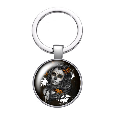 Halottak napja Supar Skull Girl Rose Photo 25 mm-es üveg cabochon kulcstartó Táska Autós kulcstartó Gyűrűtartó Charms kulcstartó