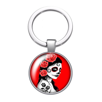 Halottak napja Supar Skull Girl Rose Photo 25 mm-es üveg cabochon kulcstartó Táska Autós kulcstartó Gyűrűtartó Charms kulcstartó