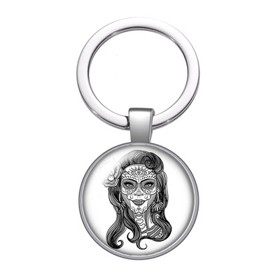 Halottak napja Supar Skull Girl Rose Photo 25 mm-es üveg cabochon kulcstartó Táska Autós kulcstartó Gyűrűtartó Charms kulcstartó