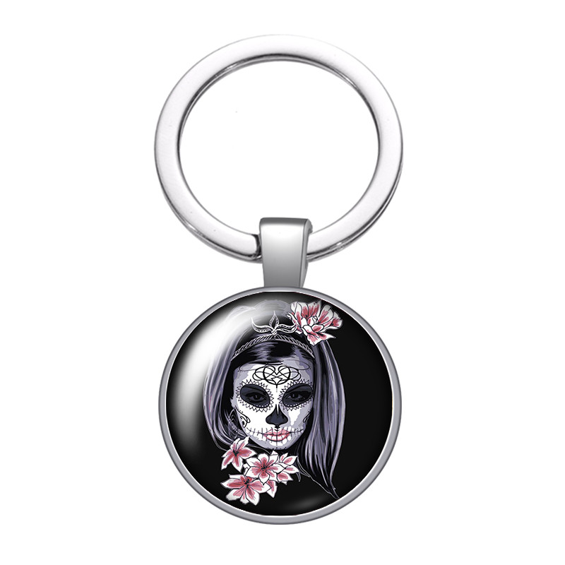 Halottak napja Supar Skull Girl Rose Photo 25 mm-es üveg cabochon kulcstartó Táska Autós kulcstartó Gyűrűtartó Charms kulcstartó