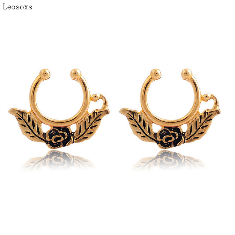 Leosoxs 2 bucăți coreeană piercing de nișă inel în formă de U pentru nas, decor pentru clemă pentru sept nazal, inel pentru nas fals din frunze de trandafir